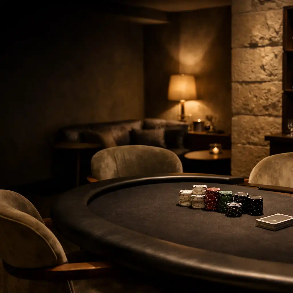 Dark felt poker table with chips and elegant chairs in the discreet Chance and Velvet card room