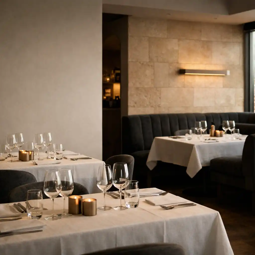 Quiet dining room with linen-set tables, velvet seating and warm stone surfaces at Chance and Velvet