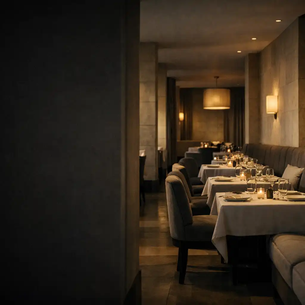 Softly lit dining room with velvet seating, limestone surfaces and quiet tables
