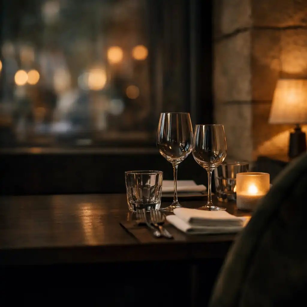 Intimate evening table with linen, glass and warm low light in the dining room