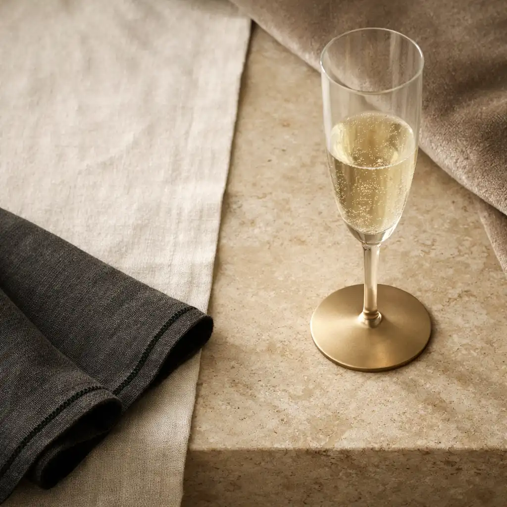 Close table detail of off-white linen, glass, dark napkin and warm stone surface