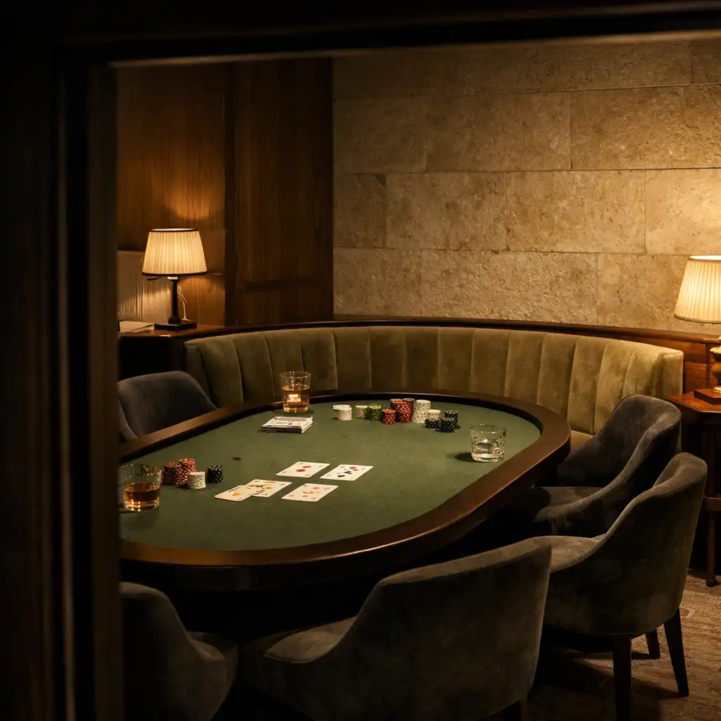 Quietly lit card room with a felt table, velvet seating and timber details at Chance and Velvet