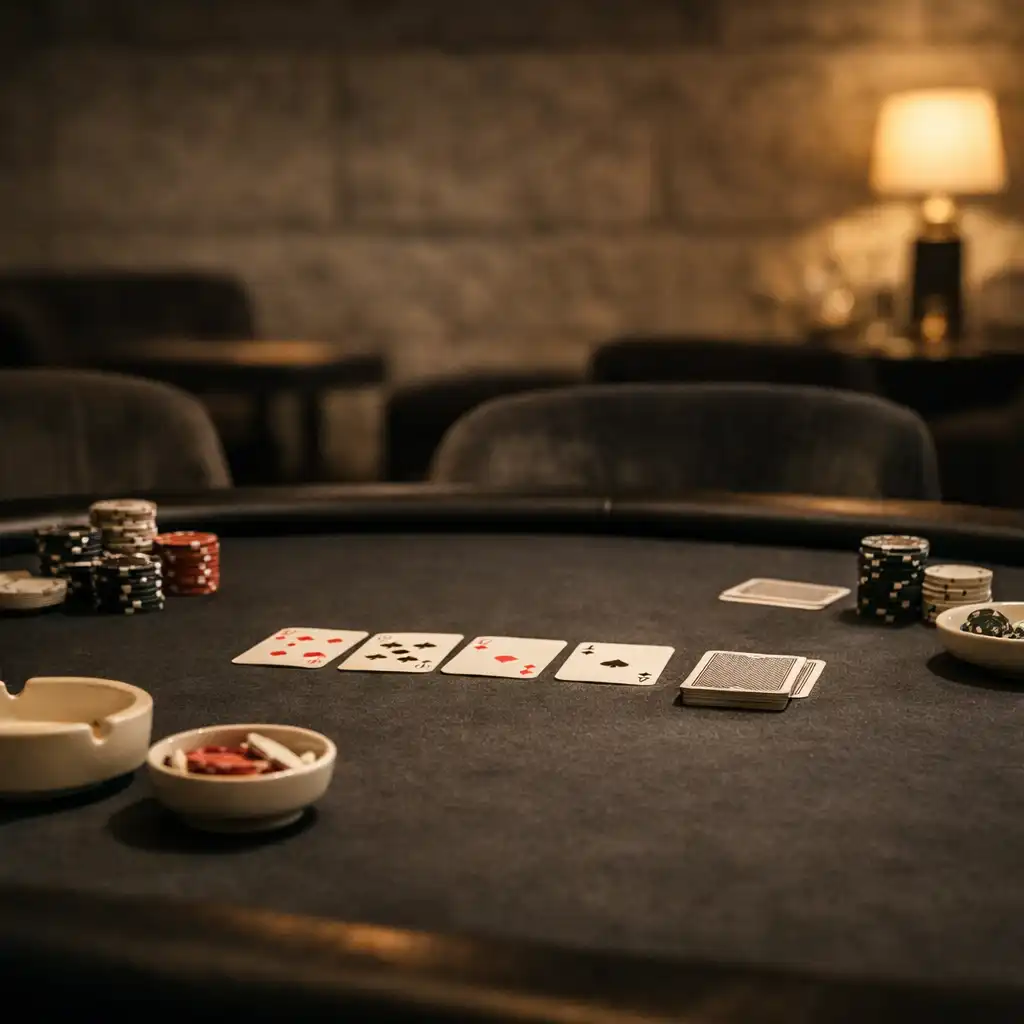Prepared charcoal felt poker table with cards and restrained chips in the Chance and Velvet card room