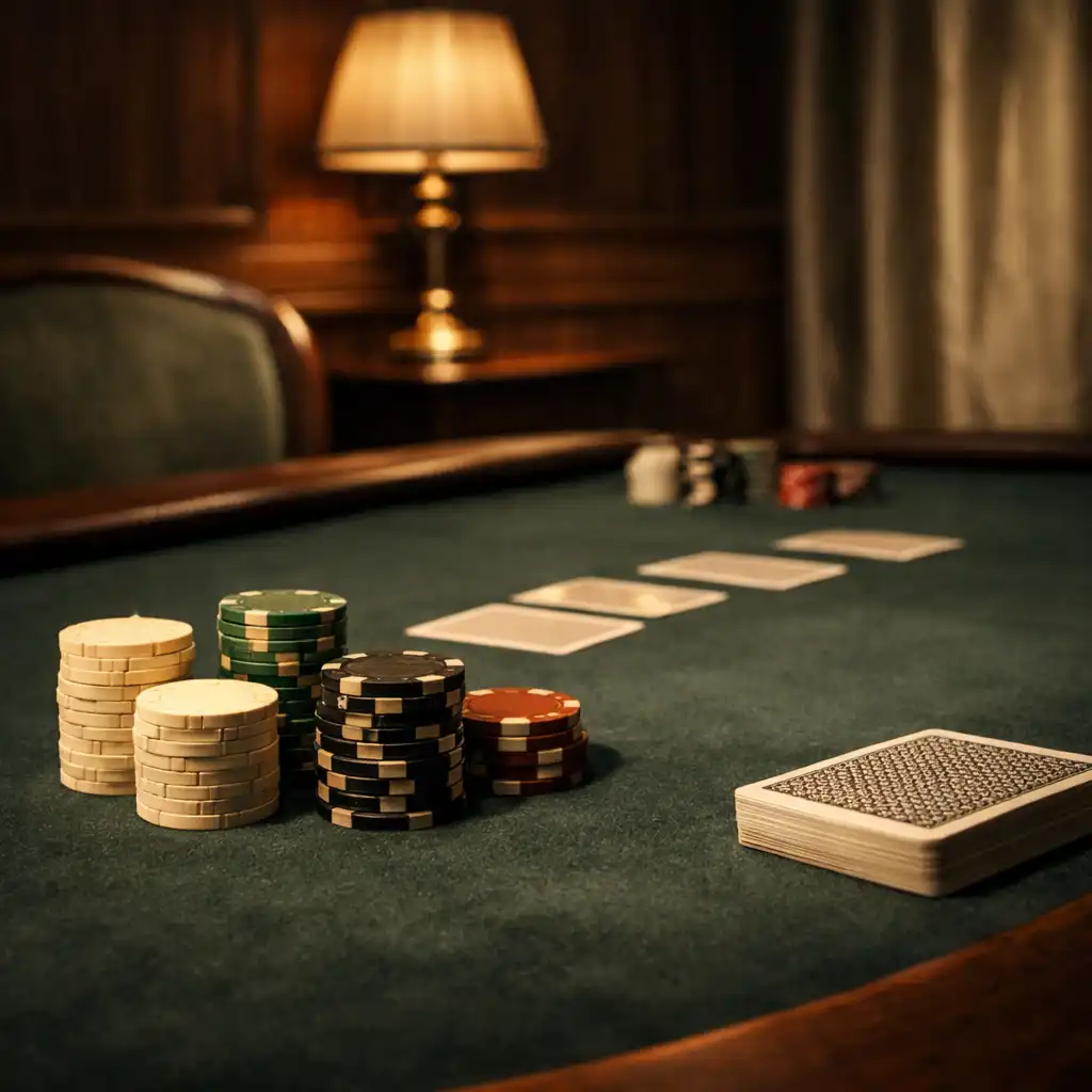 Physical poker table with felt, cards and neatly arranged chips in the Chance and Velvet card room