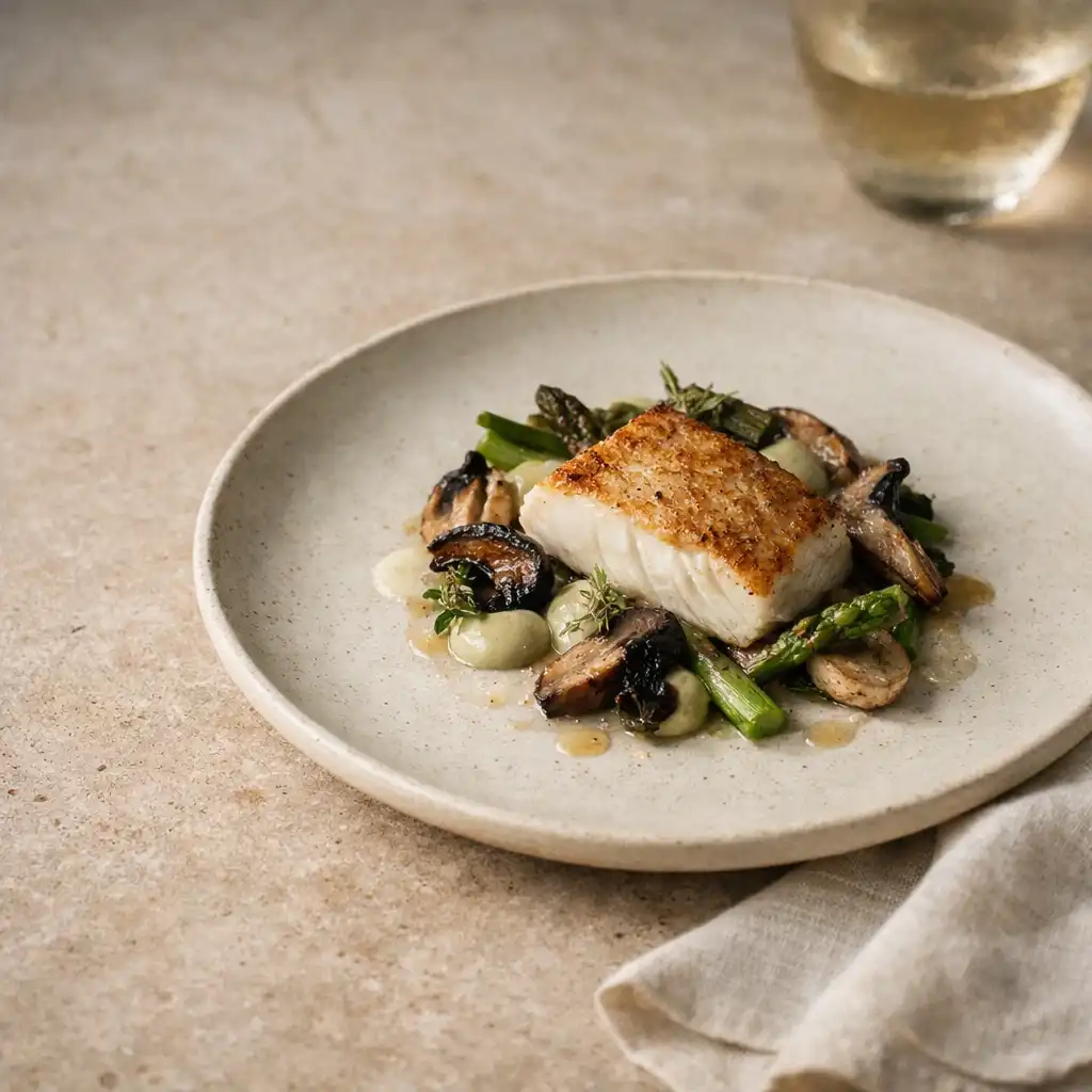 Carefully composed plated dish on ivory ceramic with linen and warm stone