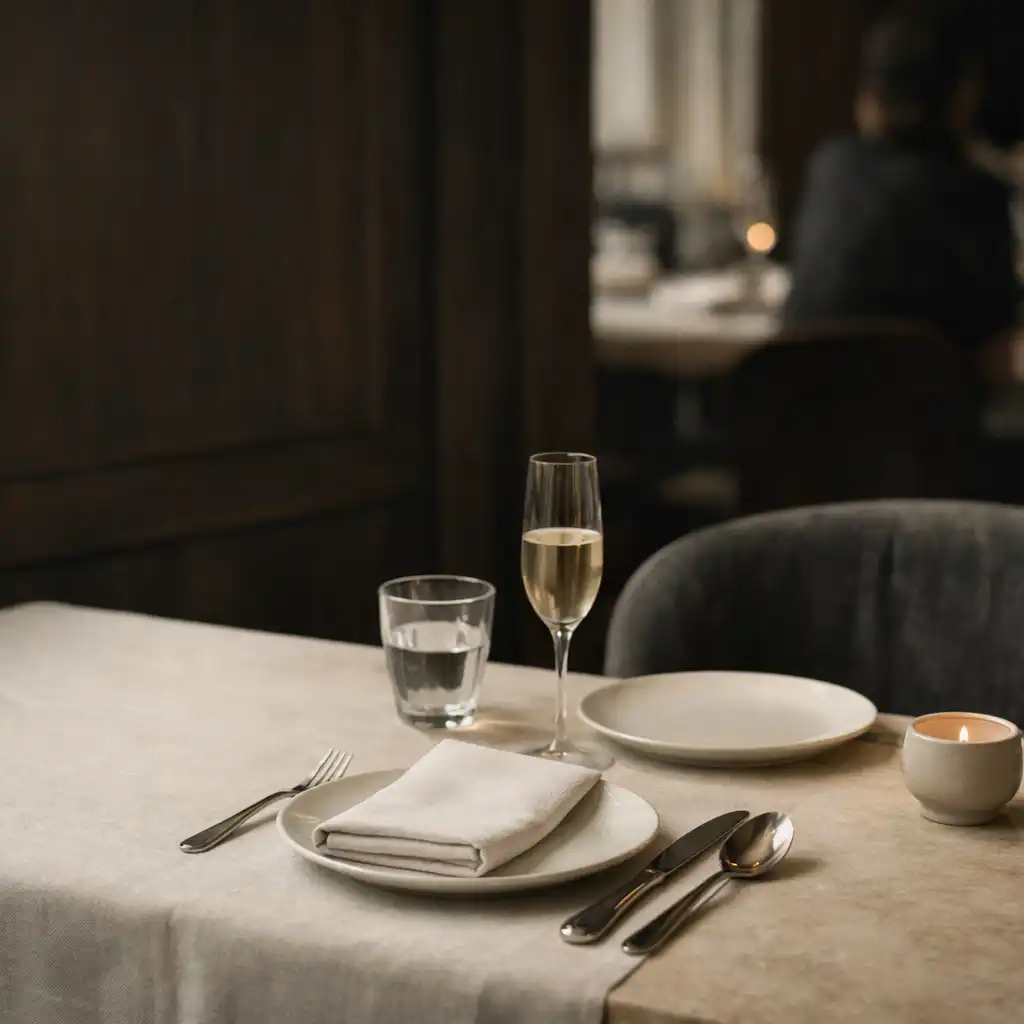 Ivory linen dining table with warm stone and velvet seating at Chance and Velvet