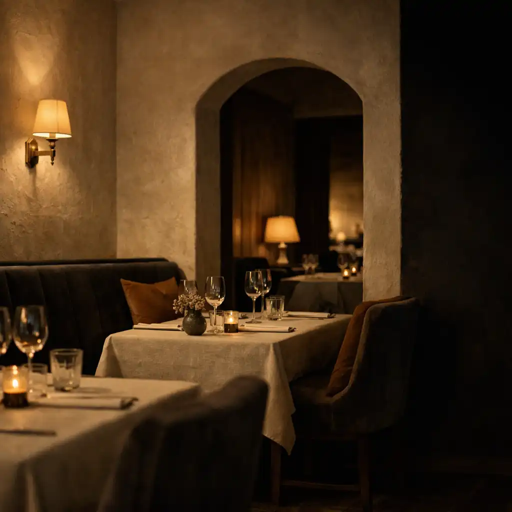 Quiet velvet-lined dining room at evening with a softly shadowed adjoining space