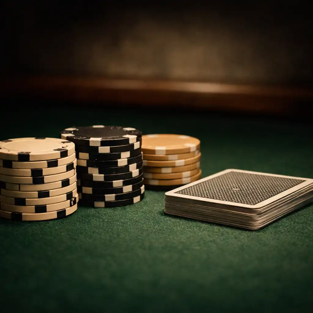 Neatly stacked poker chips and face-down cards on a felt table