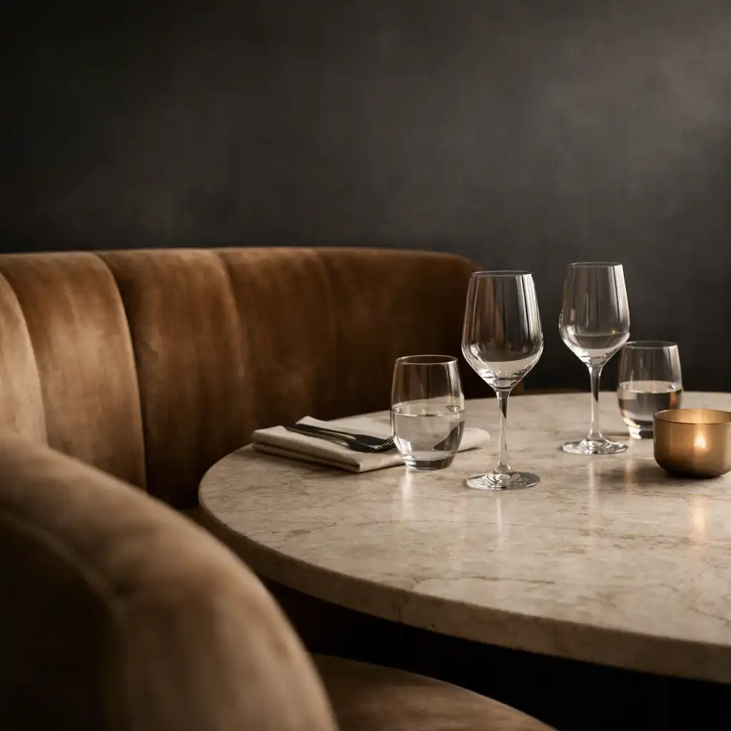 Curved velvet banquette and limestone table in the Chance and Velvet interior