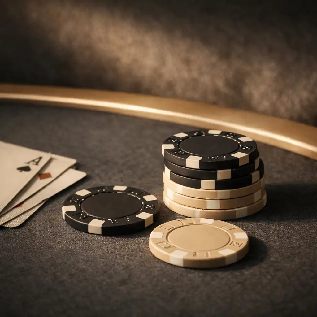 Matte poker chips and partially visible playing cards on a charcoal felt table