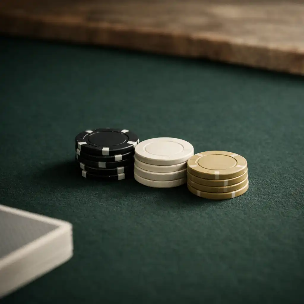 Small orderly grouping of matte poker chips on dark green felt