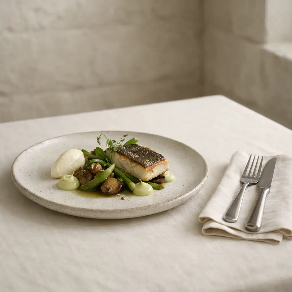 A composed savoury plate on pale stoneware with ivory linen and restrained table settings