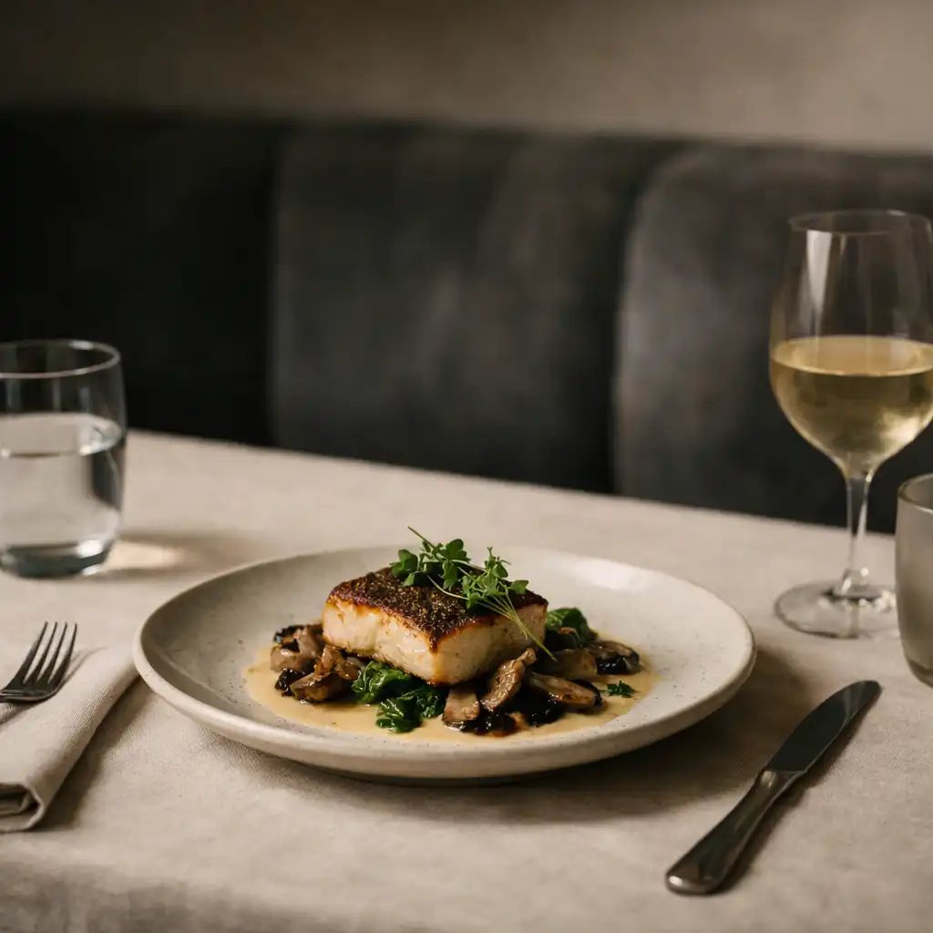 Composed plated dish with linen and understated glassware in the Chance and Velvet dining room