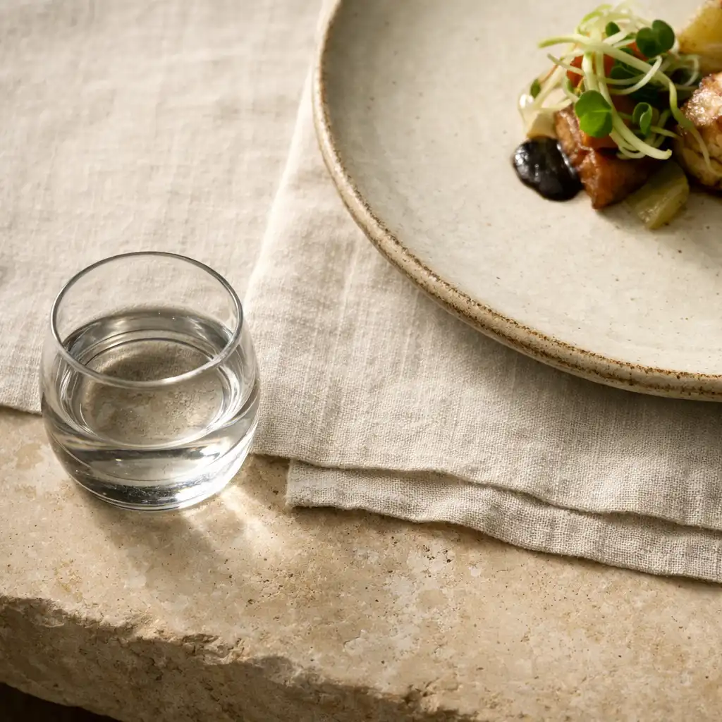 Close detail of a pale ceramic plate, ivory linen and polished glass on a restaurant table