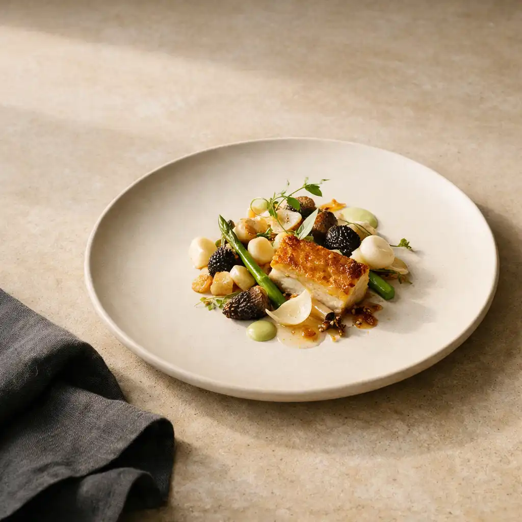 A refined plated dish on ivory ceramic beside charcoal linen