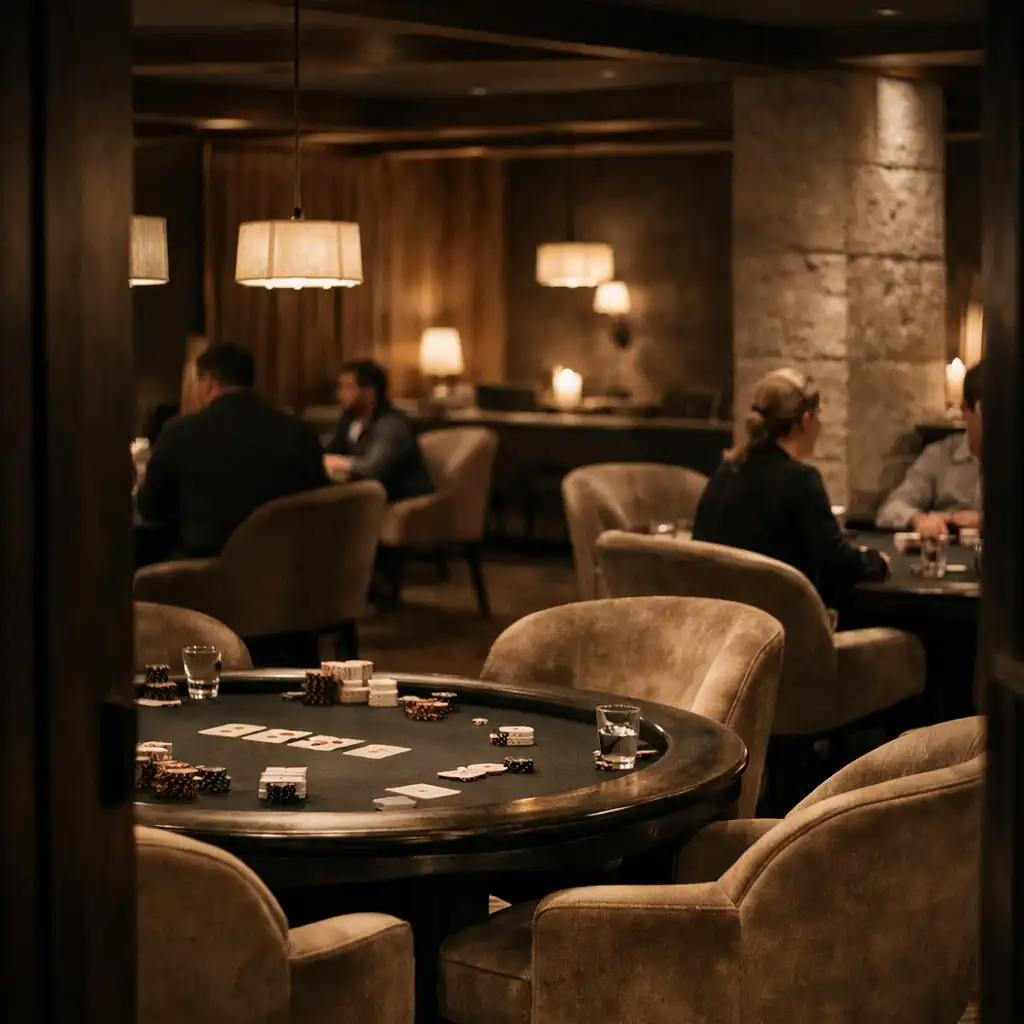 The intimate card room at Chance and Velvet with dark tables, chips and softly focused guests