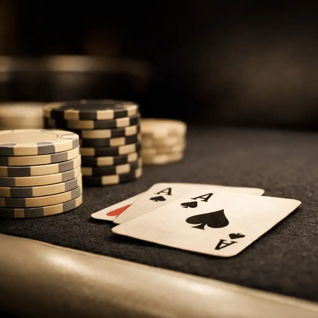 Physical poker chips and playing cards resting on a charcoal felt table