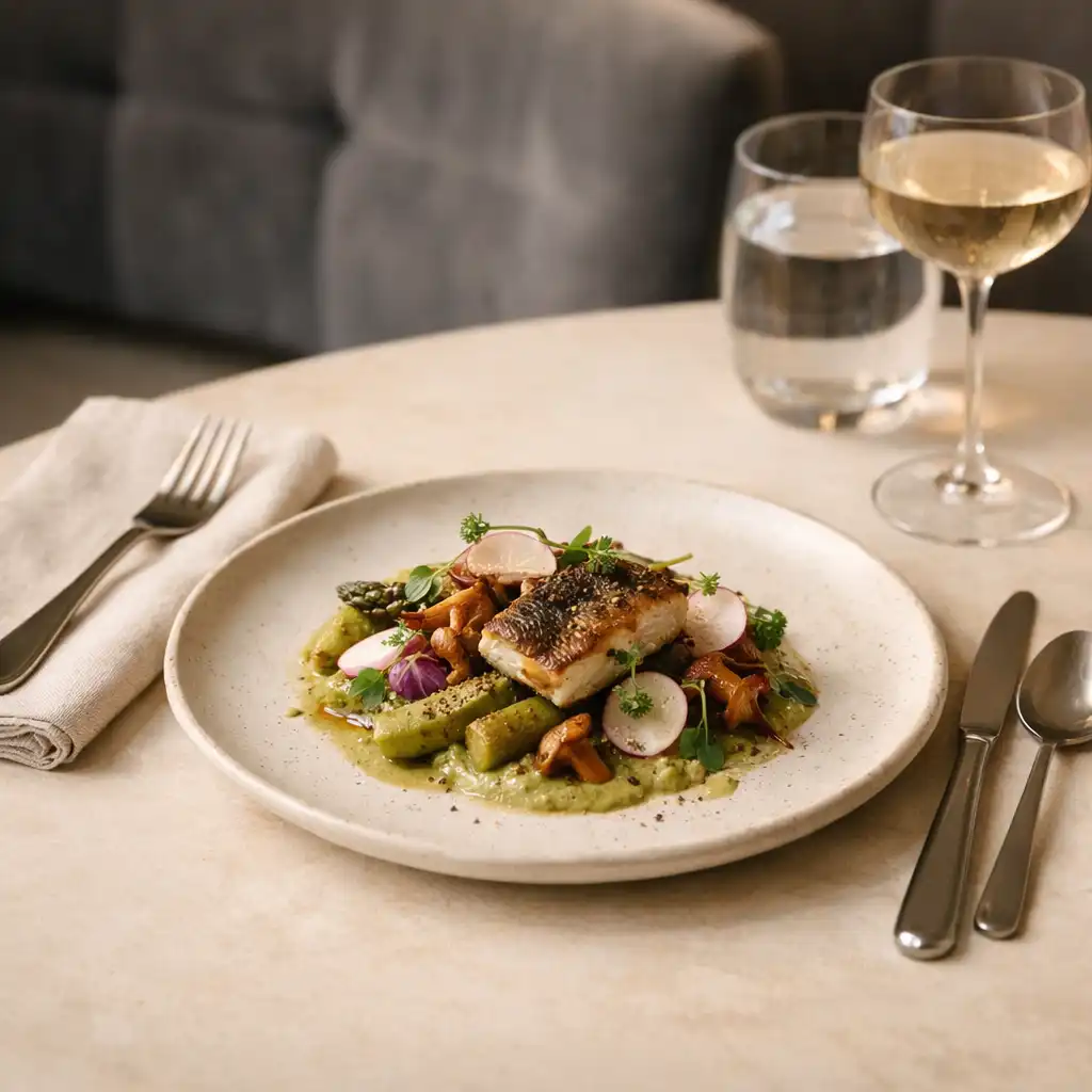 A refined plated dish on a warm stone restaurant table at Chance and Velvet
