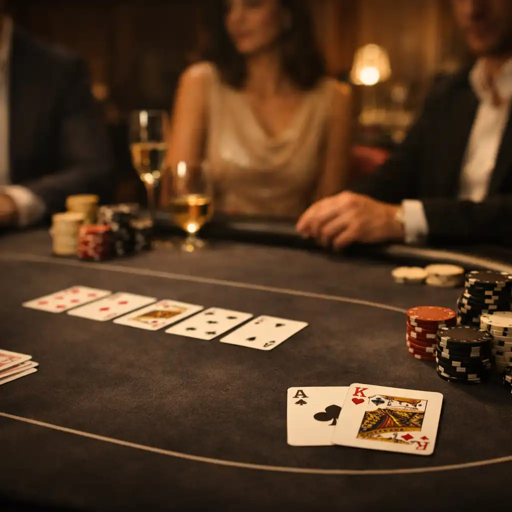 A refined physical poker table with chips and cards in Chance and Velvet’s softly lit card room