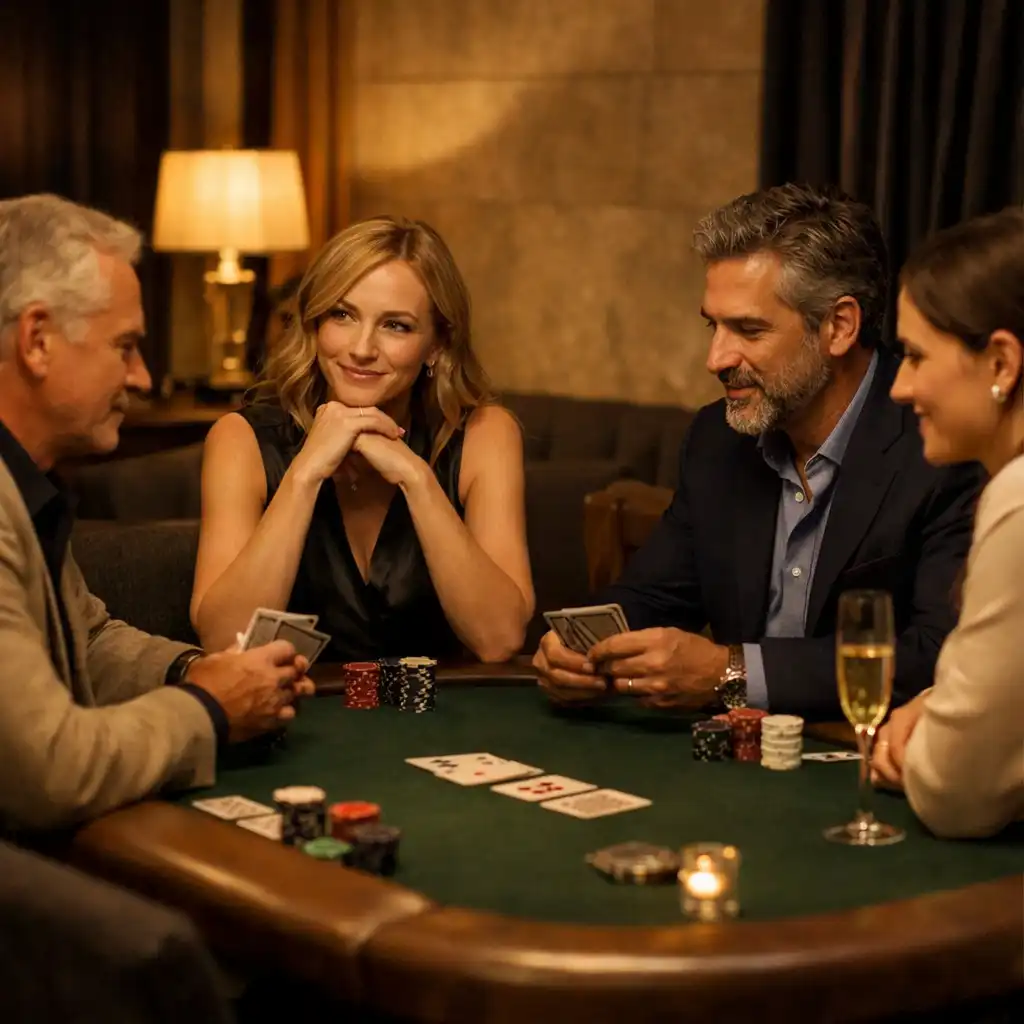 Guests in quiet conversation around a refined physical poker table at Chance and Velvet