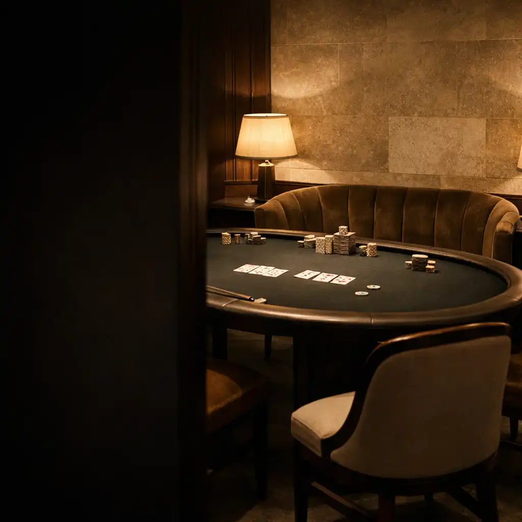 Refined card room with a prepared poker table, velvet seating and warm evening light