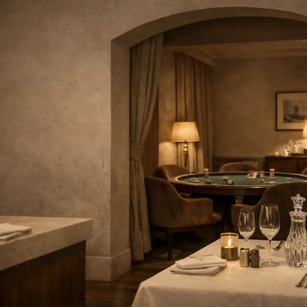 Elegant dining room opening toward a softly lit card-room table and velvet seating