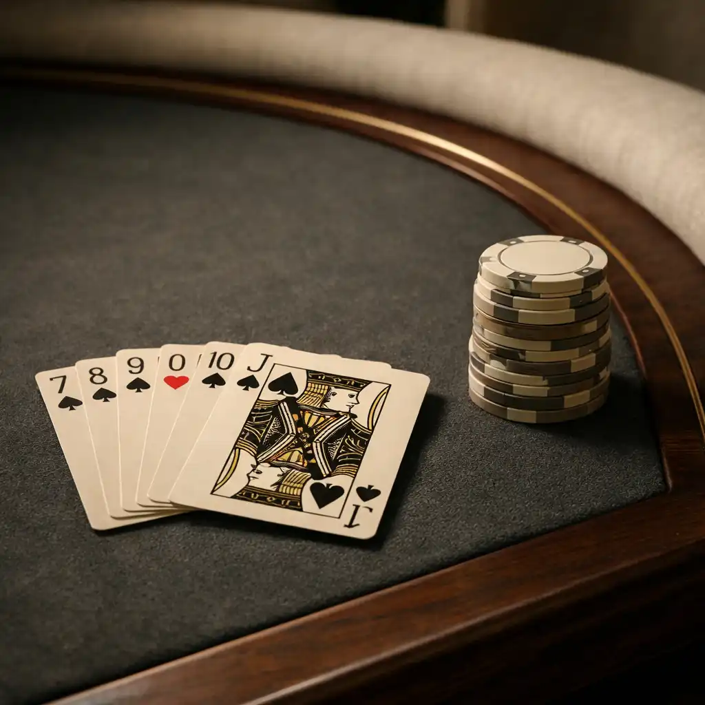 Playing cards and a small stack of chips resting on a tactile felt poker table