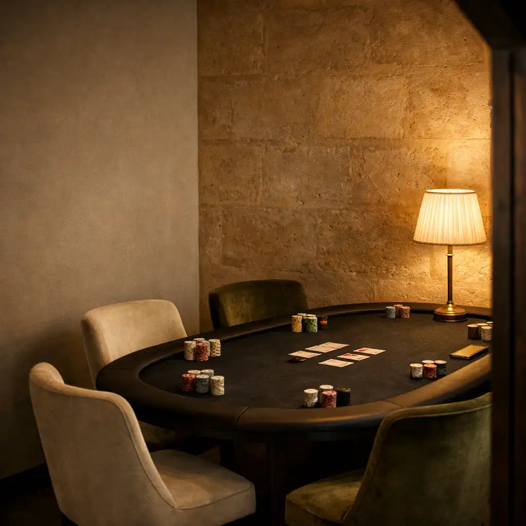 An intimate card room with a dark felt table, velvet chairs and limestone walls