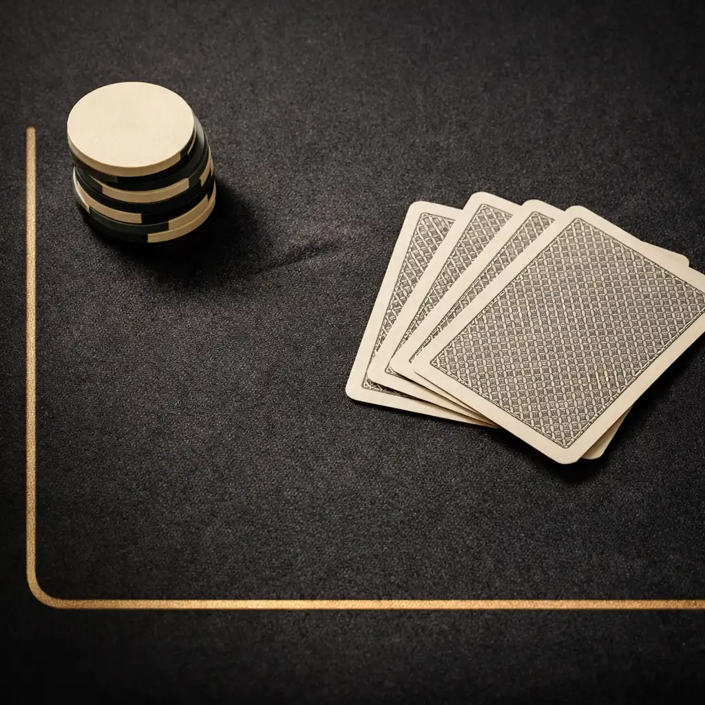 Matte poker chips and cards on deep charcoal felt
