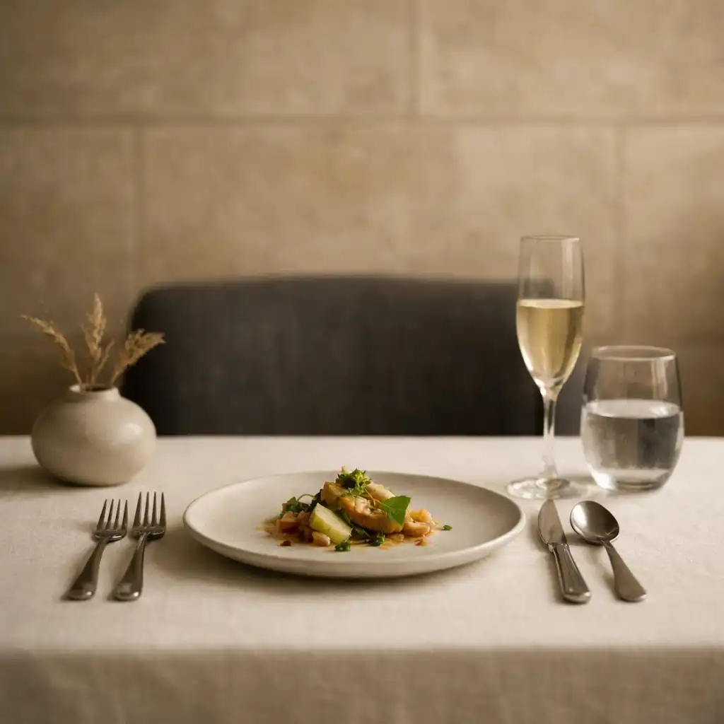 An ivory linen dining table with a seasonal dish and ceramic vessel