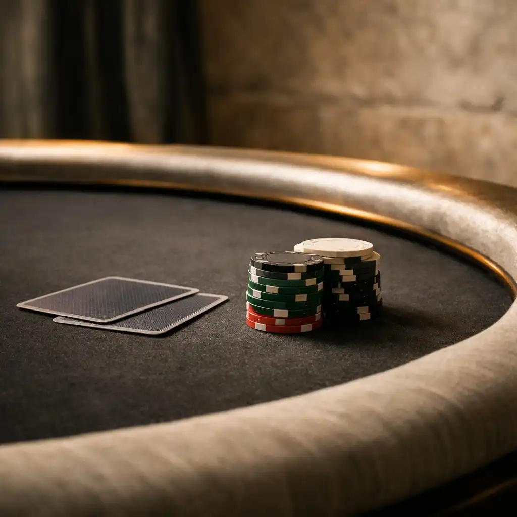 Face-down cards and matte chips arranged on a charcoal poker table