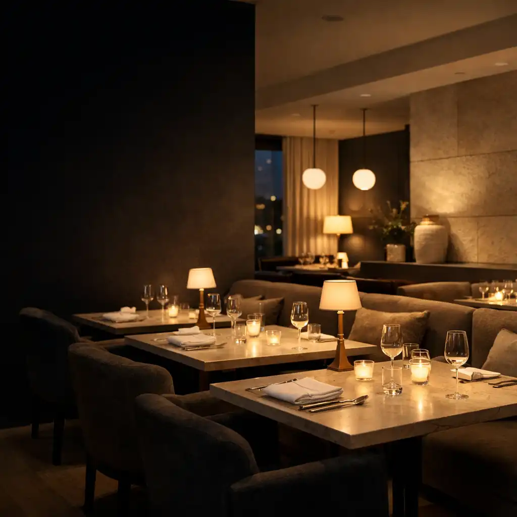 A softly lit dining room with velvet seating, limestone surfaces and neatly set tables